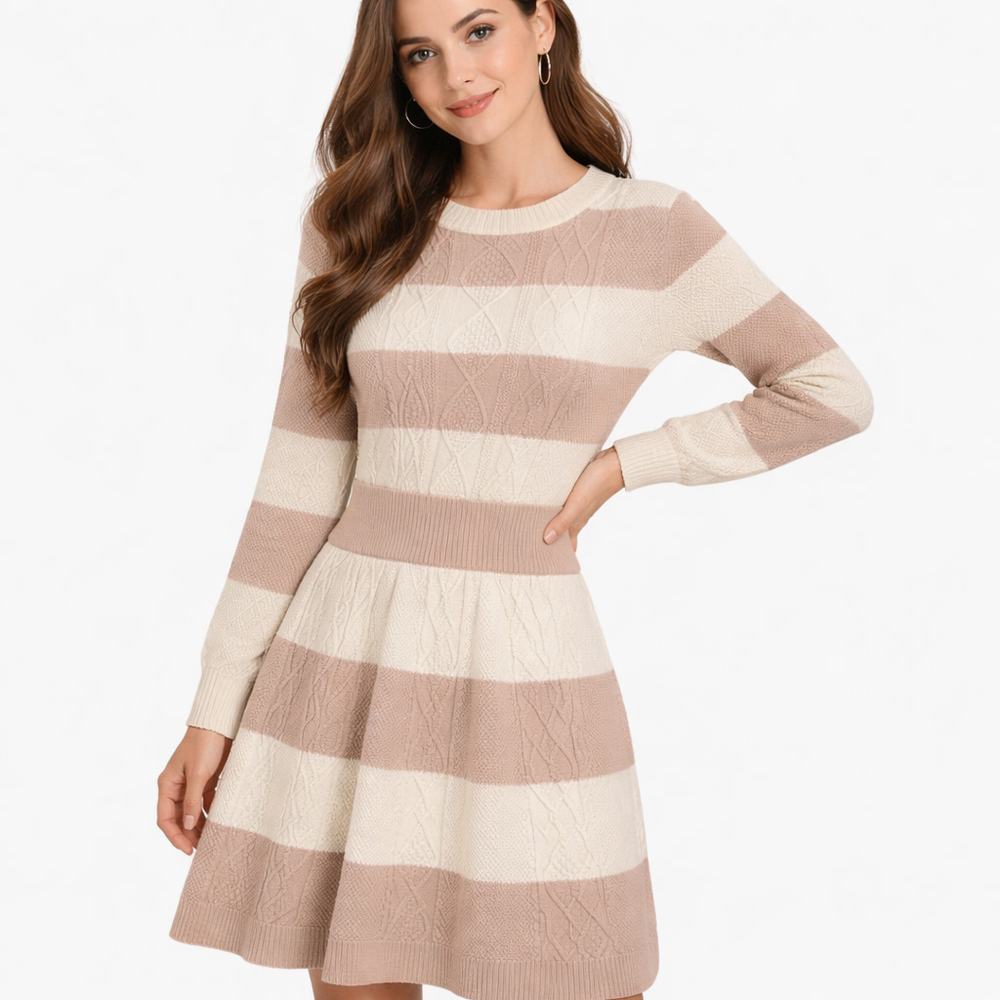 NWT Women's Lucky Brand Long Sleeve Striped Knit Dress L Beige White